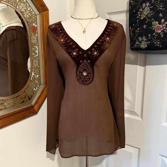 VTG Y2K Unique Spectrum Dark Brown Sheer Mesh Velvet Rhinestone Bell Sleeve Top - Picture 1 of 8